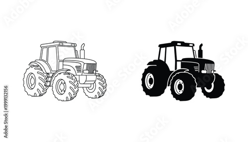 Modern farm tractor silhouette and line art icon set for agricultural branding and machinery equipment identification