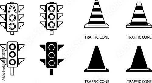 Traffic Light and Traffic Cone Vector Set Featuring Black and White Illustrations for Road Safety, Construction, and Traffic Management.