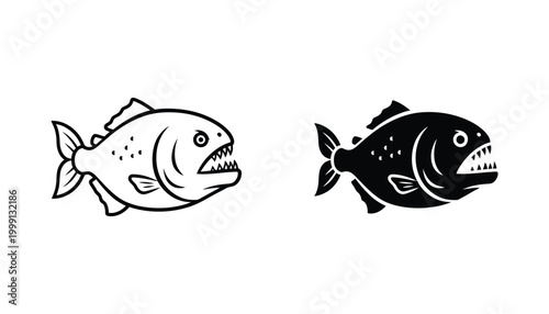 Fierce piranha fish mascot in aggressive line art and solid black silhouette style for sports team logo or fishing brand identity
