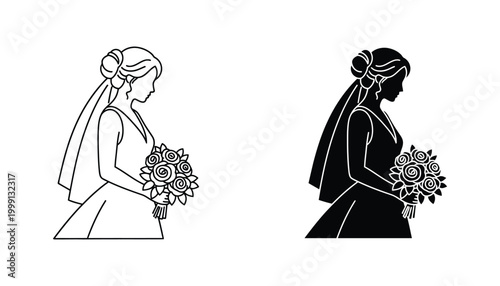 Elegant bride silhouette holding rose bouquet in minimalist line art and solid black style for wedding invitation and event design