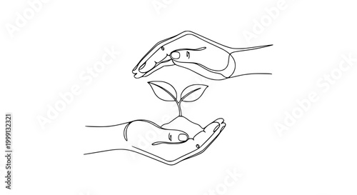 Continuous line drawing of hands cradling a seedling, symbolizing growth, care, and nature.