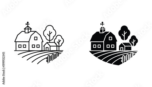 Farm house and barn landscape icon in minimalist line art and solid black silhouette for agricultural branding and eco friendly business logos