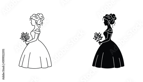 Elegant bride in ball gown holding floral bouquet silhouette in minimalist line art and solid black for wedding fashion branding and event design