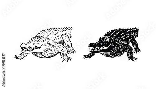 Detailed alligator reptile mascot icon in minimalist line art and solid black silhouette style for sports team branding and wildlife graphic assets