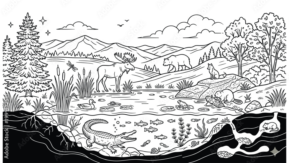 Obraz premium Wildlife ecosystem diagram showing animals above and below water level line art drawing.