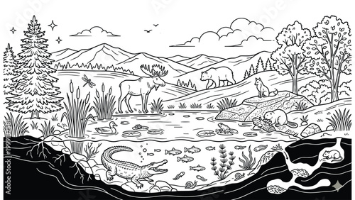 Wildlife ecosystem diagram showing animals above and below water level line art drawing.