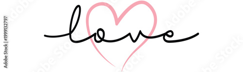 Pink heart with love text overlay handwritten black lines white background