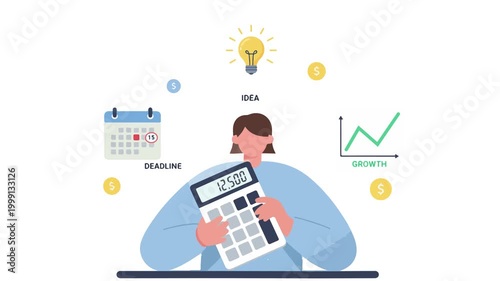 A clean and modern animated illustration of financial planning and business growth, featuring a character using a calculator with icons for ideas, deadlines, and increasing profits perfect for finance