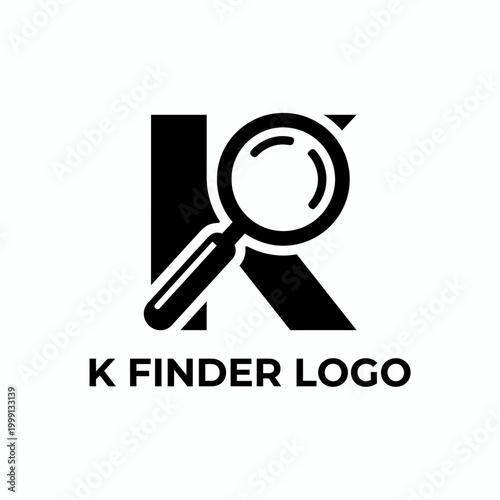 This modern logo design features a bold 'K' alongside a magnifying glass, symbolizing search and discovery, perfect for a branding venture focused on finding solutions.