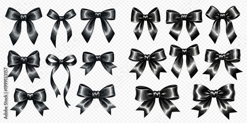 Set of realistic black satin bows, elegant decorative elements for gifts and celebrations, isolated on transparent background.