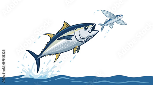Tuna Chasing Flying Fish Above Ocean Waves