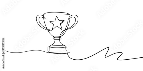 Trophy Line Art, Minimalist continuous-line drawing of a trophy cup with a star symbol, representing success and