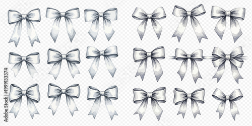 Set of watercolor silver bows isolated on transparent background, perfect for gift wrapping and festive decoration.