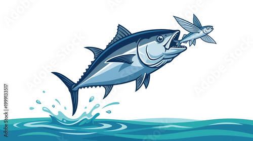 Bluefin Tuna Hunting and Catching Flying Fish Above Water