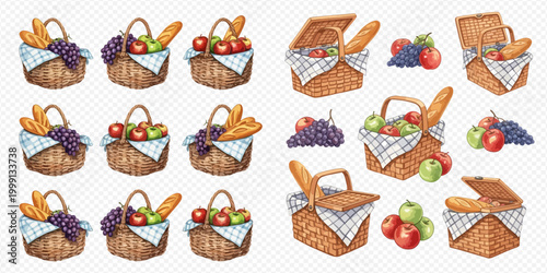 Watercolor picnic baskets filled with delicious fruits and fresh bread, perfect for an outdoor meal.