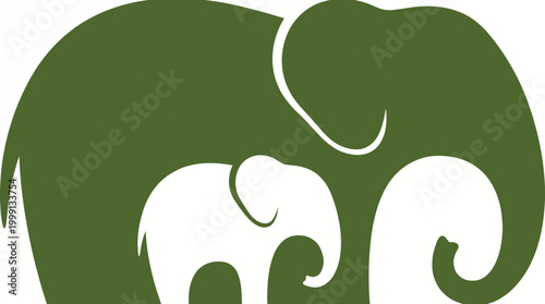 This artwork features the silhouettes of a mother and child elephant intertwined, emphasizing love and connection through a minimalist design and green color tone.