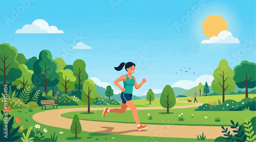 A vibrant illustration shows a woman joyfully jogging through a sunlit park, surrounded by lush trees, inviting paths, and the promise of a refreshing, healthy outdoor experience.
