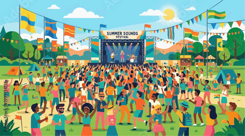 Vibrant summer festival scene with a multitude of attendees enjoying the musical acts, flags, and tents under a bright blue sky. 