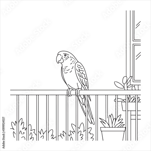 Parrot perched on a balcony railing with urban greenery