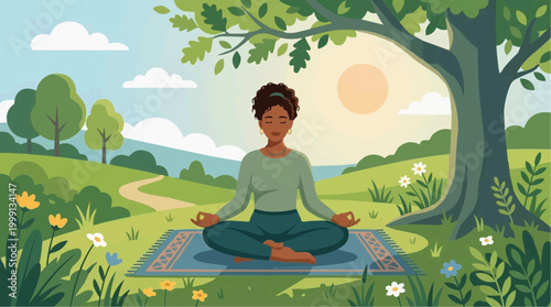 A serene individual embraces inner peace amidst a tranquil outdoor setting, embodying mindfulness. The sun filters through the lush foliage, casting a gentle glow.