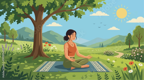 A serene woman practices yoga in a sun-drenched meadow, enveloped by the tranquility of nature, embracing mindfulness and wellness.