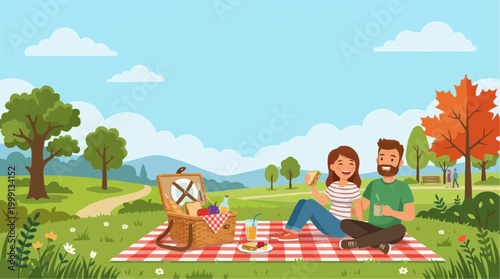 A lovely couple enjoys a sunny picnic in the park, with a basket, blanket and cheerful backdrop. 