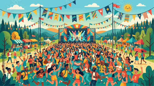 Capture the vibrant energy of a colorful outdoor music festival, showcasing a massive crowd enjoying music, fun, and a lively atmosphere. 