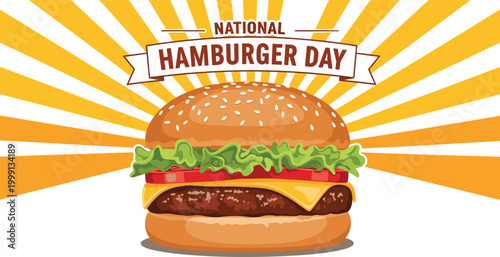 National hamburger day poster design with a juicy cheeseburger and a retro sunburst background vector graphic