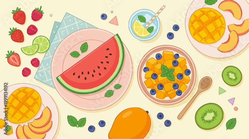 A colorful array of summer fruits, arranged on plates and bowls. This image evokes the flavors of summer with an overhead shot of the table, making it a feast for the eyes and a healthy meal.