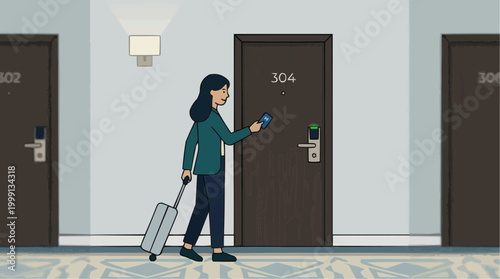 A modern traveller navigates a hallway, smartphone in hand, approaching a hotel room. This illustration showcases a blend of technology and travel, focusing on convenience and ease.