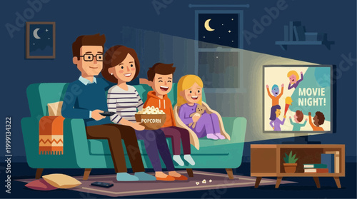 A Family enjoying movie night at home, the glow of the screen illuminating their faces as they gather for a special cinematic experience.