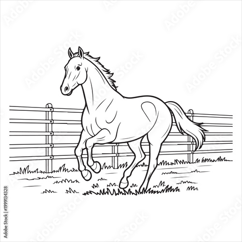 Graceful horse galloping along a rustic fence line