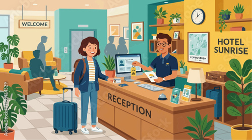 A vibrant illustration depicts a hotel reception scene, showcasing the interactions between a guest and a staff member. Featuring elements of travel, customer service, and accommodation.