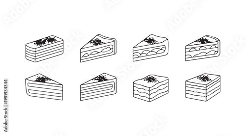 Assorted Cake Slices Line Art Isolated on White Background for Culinary Design