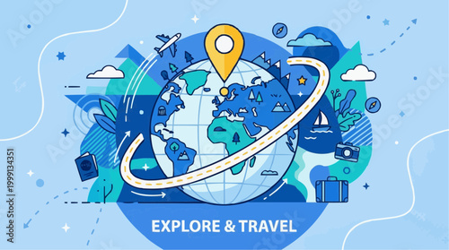 Explore and Travel: A vibrant illustration depicts the earth encircled by a travel path with airplanes, boats, and camera symbols.
