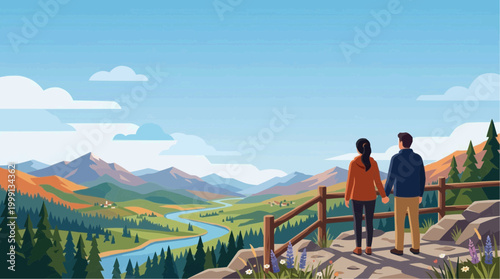 A couple stands hand-in-hand, beholding a vibrant vista of mountains, river and lush vegetation; a beautiful, optimistic view.