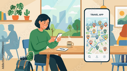 A traveler uses a mobile travel app for navigation inside a cafe, planning adventures and explorations on a vibrant, illustrative style image.