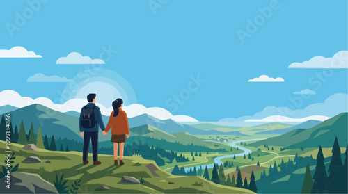 A couple, hand in hand, gaze out at a breathtaking landscape of rolling hills and a winding river under a clear blue sky, illustrating a shared experience in nature.