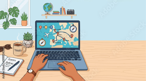 A traveler meticulously plans their upcoming trip on a laptop, charting their course on a vibrant world map. The workspace, complete with travel essentials.