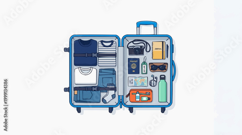 An open suitcase filled with essentials for travel, showcasing a minimalist and organized packing style, ready for vacation.