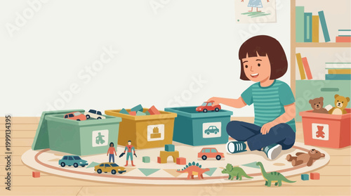 A young child enjoys a joyful moment with their toy car in a nursery filled with colourful toy boxes, toys, and playful fun.