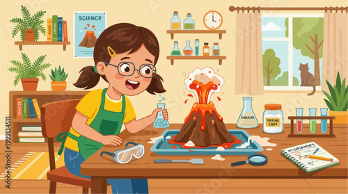 A curious young girl engaged in a fun science experiment erupts her homemade volcano, igniting a passion for learning and discovery.