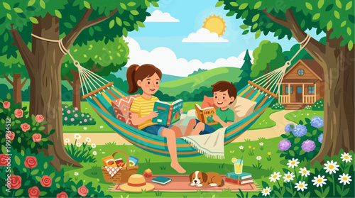 A captivating illustration depicting a serene summer day: Two children leisurely read books while lounging in a hammock strung between trees.