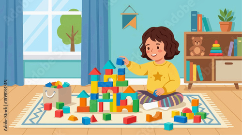 A young girl creates a vibrant world of imagination, stacking colorful blocks, in a well-lit nursery room.