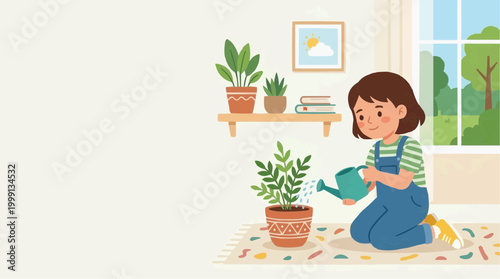 A young girl tends to indoor plant life, demonstrating nurture, environmental consciousness, and domestic gardening.
