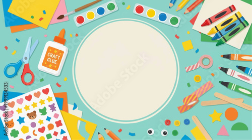 An inviting, colorful craft supplies and tools composition, with a centered circular space for text, invites creativity and the joyful exploration of handmade creations.