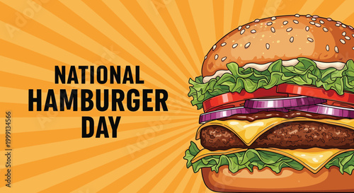 National hamburger day creative poster design featuring a large cheeseburger on a sunburst background vector art