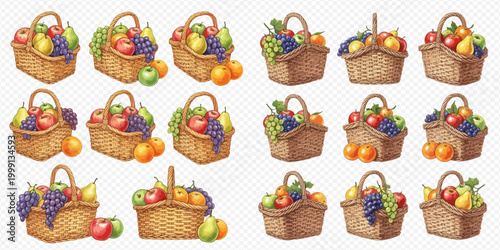 Watercolor illustration set of fruit baskets with apples, grapes, pears, and oranges, perfect for harvest and healthy eating themes.