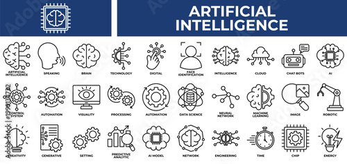 Artificial Intelligence icon set collection. Containing organ, mind, interaction, intelligence, vision, brain, expertise .Line vector icons collection