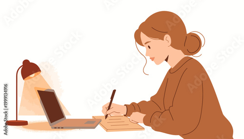 A young woman diligently writing notes at a desk with a laptop and lamp, embodying focus and study